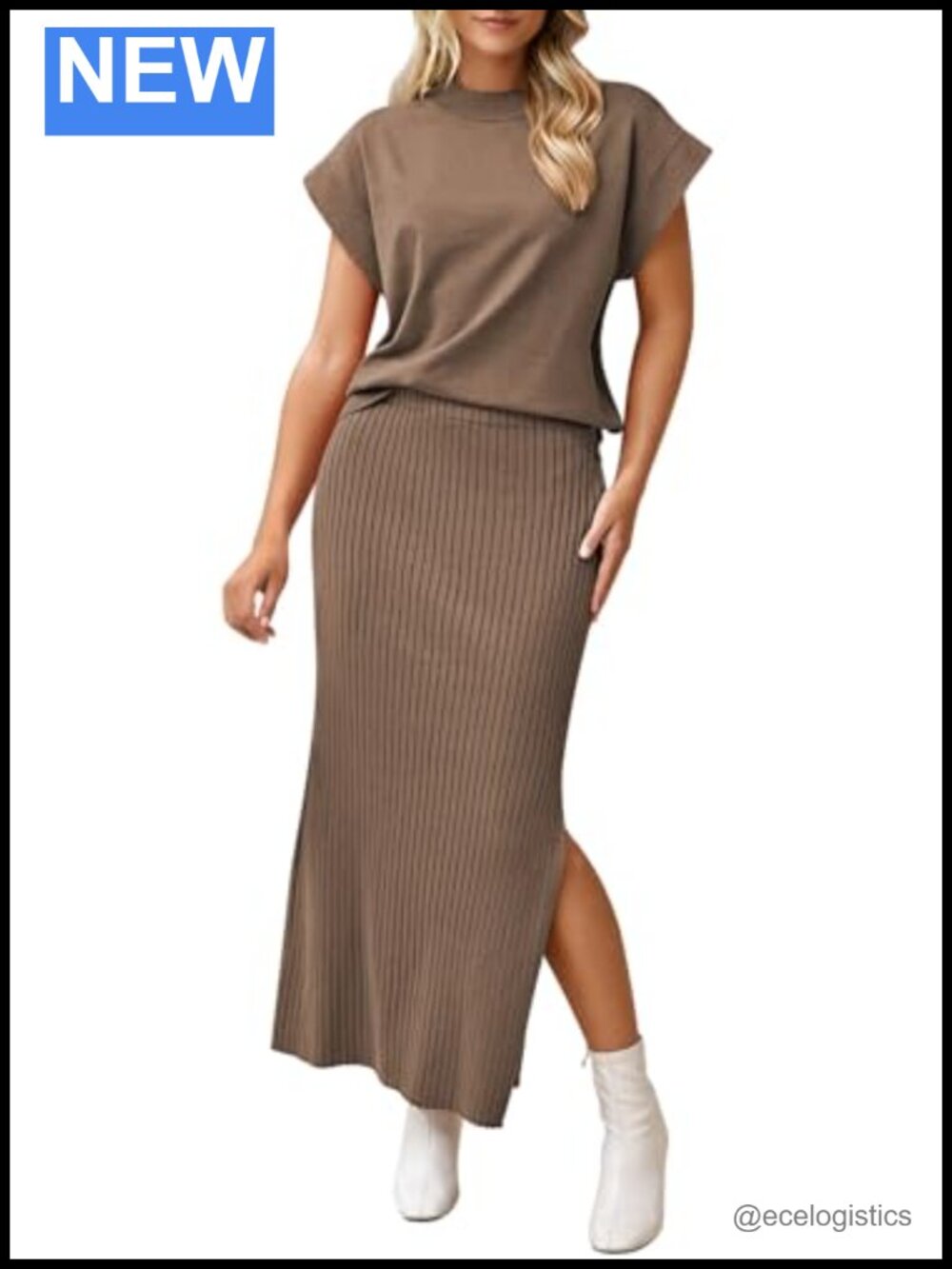 Women's 2 Piece Knit Skirt Set with Short Sleeve Top and Maxi Skirt